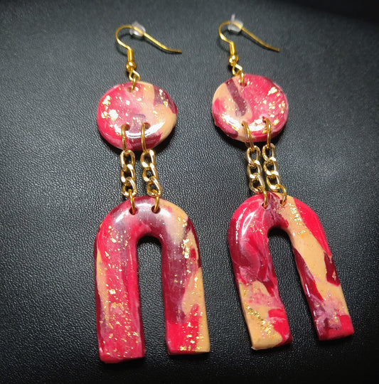 "Vogue" Dangle Earrings - Marble Tan, Rose Red & Maroon with Gold Flakes