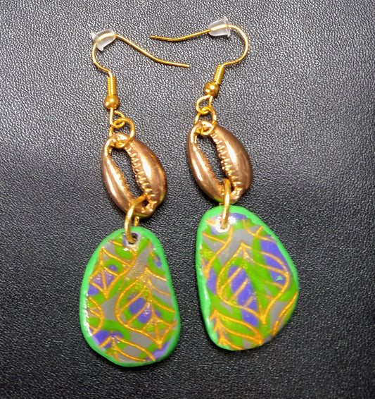 Ankara Style Dangle Earrings - Lime Green, Purple & Gold